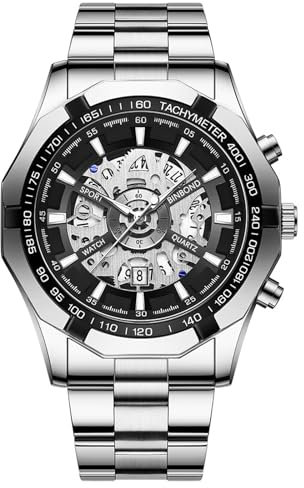 JewelryWe Herrenuhr Edelstahl Leuchtend Uhr: 30m Wasserdicht Kalender Analog Quarz Armbanduhr Herren Silber Edelstahlband Imitation Mechanische Skelett Uhr mit Achteckig Lünette & Schwarz Zifferblatt