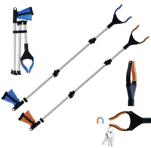 Feelhap 2 Pezzi Pinza Telescopica Pieghevole, Raccoglitore di Immondizia 112cm Pinza Raccogli Rifiuti, Testa Rotante 360° Pinza Prensile in Alluminio, Bastone Prendi Oggetti Pinza Morsetto in Gomma