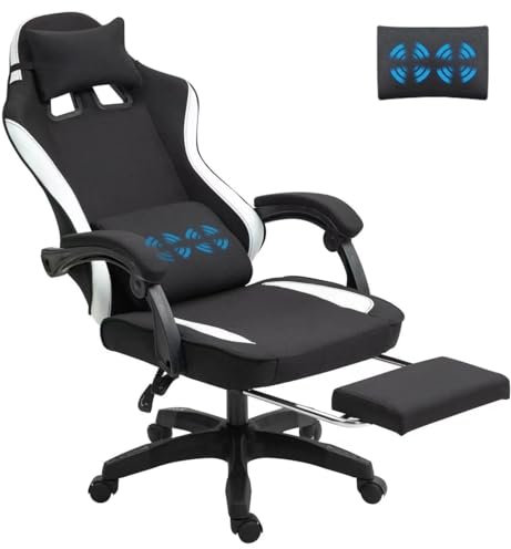 Fabric Massage Gaming Chair, Fabric Ergonomic Computer Chair, Video Game Chair, Massage Office Chair, Desk Swivel Chair, Adjustable, Reclining, Footrest, Massage Cushion, Fabric Material, Black, New