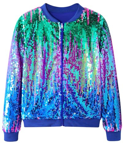 Freshhoodies Kids Sequin Jacket Girls Jackets Green Purple Blue Gradient Long Sleeve Zip-Up Jackets Casual Baseball Jersey Tinsel Jacket, 10-11 Years