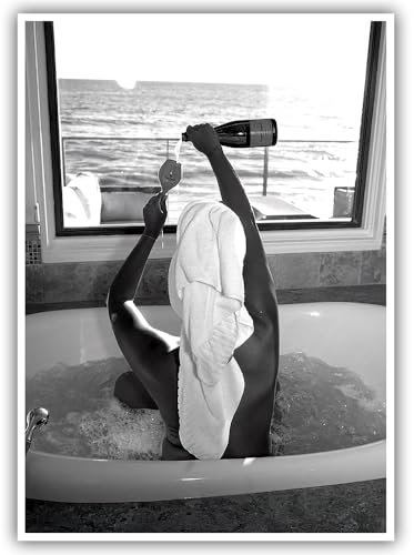 Trendige schwarz-weiße Poster, lustige Frau, die Wein in der Badewanne trinkt, Wandkunst, flippiges Mädchenzimmer, Dekoration, modisch, Vintage-Barwagen, Leinwanddrucke für Mädchen, Schlafsaal,
