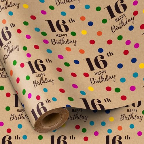 RUSPEPA Duftendes Kraft-Geschenkpapier – Mini-Rolle – Buntes Punkte-Design mit Duft, ideal für Geburtstage, Partys, Babypartys – 43,2 cm x 5 m – 16. Geburtstag