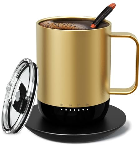 Vsitoo S3 Pro 14oz Smart Self Heating Coffee Mug,Heated Coffee Mug with Auto-Sensing AI Heats Drinks to 120-150°F Hands-Free.Perfect for Home/Office,Ideal Gift fo Men/Women，Gold