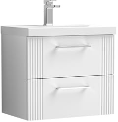 Balterley Vanity Unit with Basin Wall Hung, 2 Drawer Soft Close with Mid Edge Sink and Handles, Bathroom Vanity Units with Basin, Partial Fluted Sink Cabinet - 610 x 390 x 540mm (White)