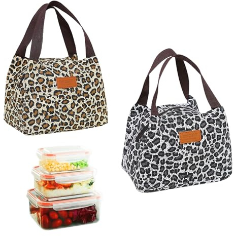 SHENGYIG 2 Stück Lunchbox Tasche, Quadratisch Lunchtasche Damen, 5,28L Großes Fassungsvermögen Frühstückstasche, Tragbar und Faltbar, Wasserdichter Reißverschluss mit Leopardenmuster