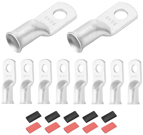 DMiotech 10 Pcs 4 AWG - 1/4 Tinned Copper Cable Lugs, Battery Cable Ends, Heavy Duty Copper Wire Lugs with 10pcs Heat Shrink Tubing for Electrical Projects, Silver