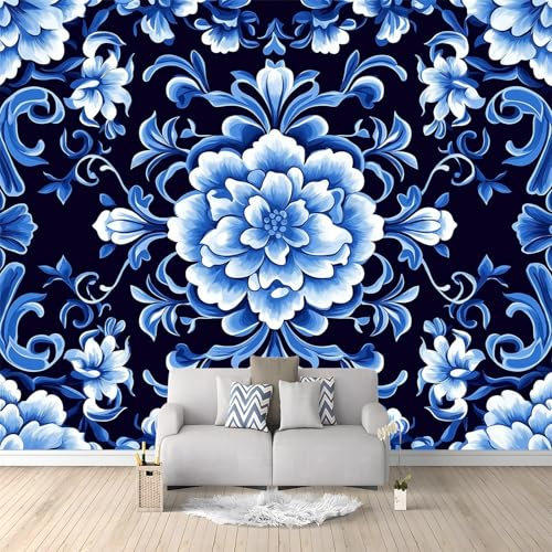 Photo Wallpaper Oriental Blue and White Flowers Non-Woven Mural Wallpaper 200 x 140 cm Wall Covering for Living Room and Bedroom Decoration Dark Blue Modern Mural Wallpaper for Children's Room