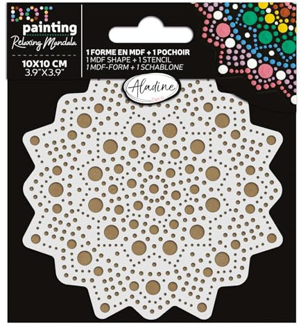 Aladine - Kit Pochoir & Support Mandala 10 cm - Pour Créer Mandalas en Dot Painting - Peinture sur Galet, Bois, Tissus, Toiles - Dotting Peinture Points - Loisirs Créatifs - 85497