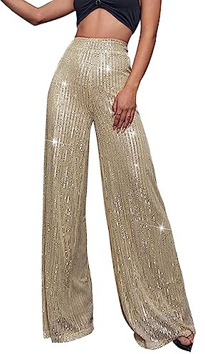 Generisch Pailletten Hose Damen Glänzend Schlaghose Elastische Hohe Taille Glitzerhose Extra Lang Bootcut Pailettenhose Sparkle Glitter Hosen Weites Bein Sommer Freizeithose Große Größen Damenhose