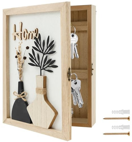 MENIBBLER Wall Mounted Key Cabinet with 6 Hooks, Vintage Wood Metal Holder, Wooden Key Box Decorative, Minimalist Safe Cupboard for Home Office Entryway(Dried Flower Home)