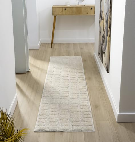 Isabella Scandi Boho Geometric Hallway Runner Rug, Cream, 60x220cm