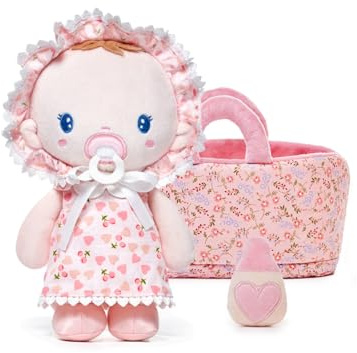 LeyaDoll Weiche Babypuppe Geschenkset – Erste Babypuppe mit Zubehör,Kuschelpuppe & Einschlafbegleiter aus Plüsch,Mini Puppenset Rosa für Mädchen (23 cm)-Cherry Baby