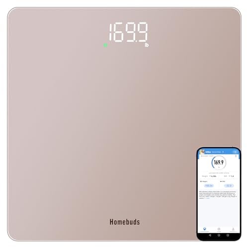 Homebuds Smart Personenwaage, Präzision 0,05kg von Unser Professionellen Fabrik Seit 2001, Digital Waage Personen Step-On und Hellem LED, App Synchronisierung mit Gewichts und BMI, 182kg, Roségold