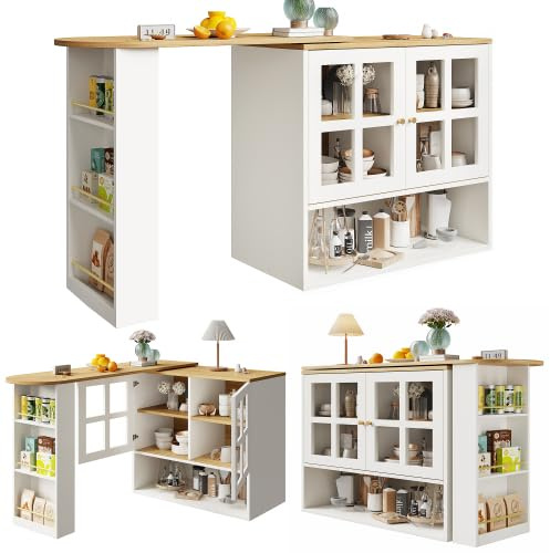 DRIXNO 360° Drehbare Essbar, multifunktional, Geeignet für Schlafzimmer, Wohnzimmer, Esszimmer, mit Snackregal, 5 Ablageflächen, Sideboardschrank mit Regalen und Glas, Weiß