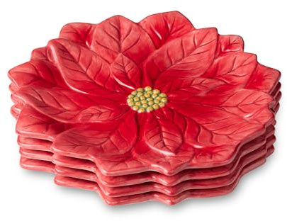 Winter Blooms Weihnachtsstern Dessertteller - Set mit 4 3D Holiday Keramik Floral Teller, rote Weihnachten Vorspeisen & Dessertschalen für Kekse, Süßigkeiten, Hors d'Oeuvres, Festlicher Tisch