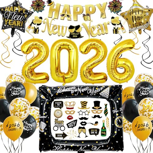 Silvester Deko 2026 XXL Dekoration Set, Neujahr Deko 2026 Schwarz Gold, Happy New Year Girlande, Folienballons, Fotorequisiten, Konfetti Ballons, Neujahrsdeko Accessoire für Silvesterparty