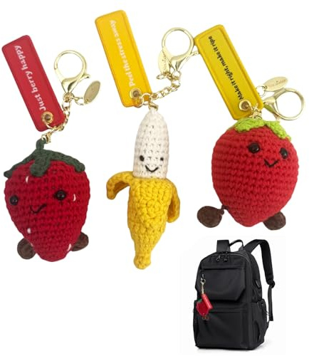 YUMILI 3 PCS Finished Crochet Fruit Keychains Set - Creative Apple/Strawberry/Banana Knitted Key Chains, Cute Accessories for Keys, Bags & Daily Decoration
