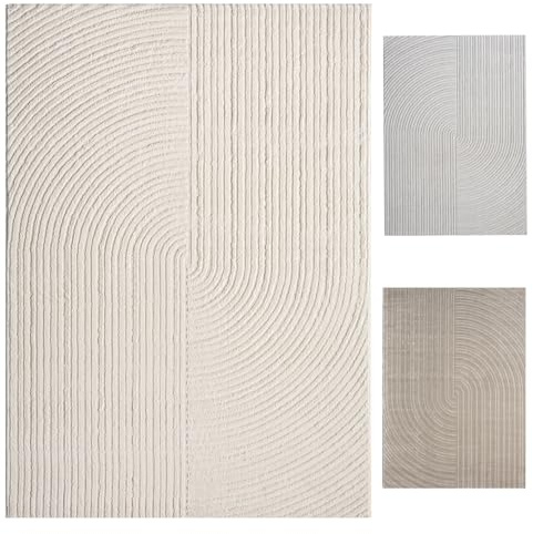 VIMODA Kurzflor-Teppich Boho modern – Dünner Wohnzimmer- & Schlafzimmerteppich mit 3D Hoch-Tief-Effekt, pflegeleicht,Farbe:Creme;Maße:200x290 cm