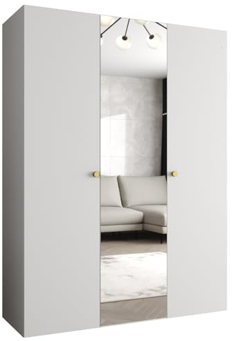 MEBLE KRYSPOL - Kleiderschrank - Garderobenschrank - 150 cm x 202 x 52 cm - Schrank mit Kleiderstange und Spiegel, 3 Türen - für Schlafzimmer, Flur - Parma, Weiß, Griff Gold