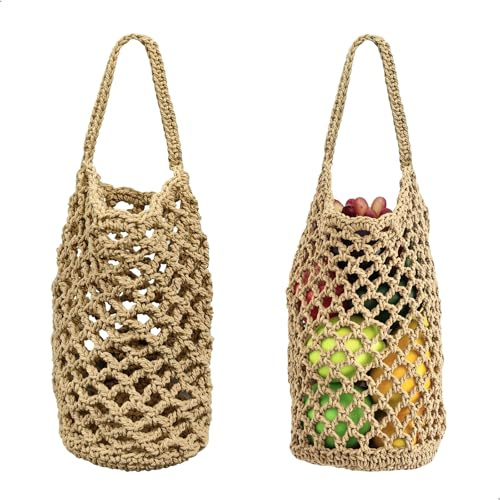 Hängekorb, Obstkorb Hängend Hängekorb Küche, 2er Set Handgewebter Netzbeutel Baumwolle 32x16cm zum Aufhängen für Eier Obst Gemüse, Luftdurchlässiges Design