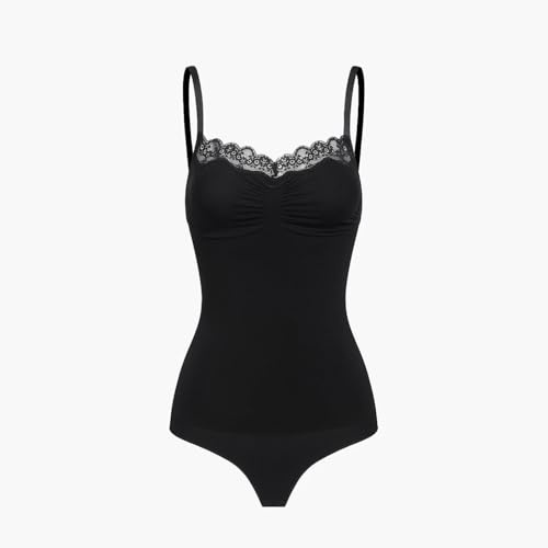 creamy fabrics Shapewear Damen Bauchwegbody String mit Spitze stark formend | Body Shaper Damen mit feiner Spitze verstellbaren Trägern und String Schnitt für glatte Looks unter Kleidern Hosen Abendlooks
