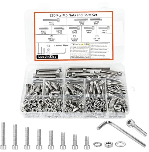 280 PzViti M6, Viti a Testa Cilindrica con Esagono Incassato | Set di Bulloni e Dadi, Viti a Testa Esagonale in Acciaio Inox con Rondelle, Assortimento di Bulloni a Cilindri per Macchine