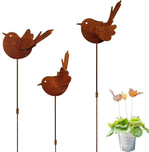 yeemeen 3er Set Rost Vögel Gartendeko für Draußen, Wetterfeste Gartenstecker Metall mit Rostpatina, Vögel Deko für Garten, Balkon oder Terrasse