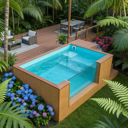 Piscine plongeante de qualité supérieure avec panneau de verre et revêtement en bois | Piscine hors-sol compacte pour l'intégration d'une oasis tropicale d'arrière-cour et d'une terrasse