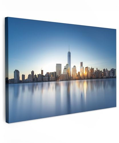 MuchoWow Leinwand Bilder, Einzigartige Wanddeko mit Rahmen, New York - Skyline - Spiegelung, Wandbilder Wohnzimmer, Deko Schlafzimmer 90x60 cm