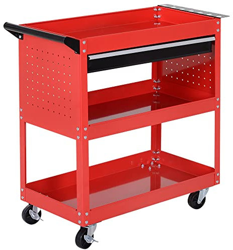 DURHAND Carrello Porta Attrezzi con Manico e Scheda Laterale, Cassetto e 3 Ripiani, Carrello Officina Porta Utensili con 4 Ruote(2 con Freno) in Lamiera di Acciaio per Garage, 82x35x76 cm, Rosso