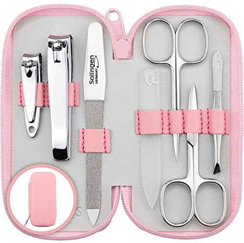 Solingen Manicure Set for Women & Men - 7-Piece Nail Kit Made in Germany with Patented Glass Nailfile - Handy and Soft Real Leather Case, Rose