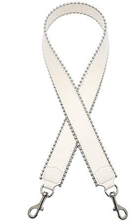 MoreChioce Breit Schultergurt,Damen 4cm Echtleder Schulterriemen Umhängegurt Abnehmbar Taschenriemen mit Perlenrand 105cm Lang Trageriemen Weiß Silber