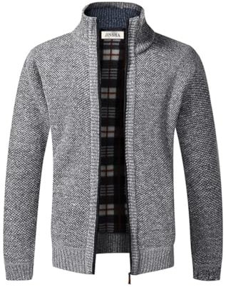 Jinsha Cardigan da Uomo Lavorato a Maglia, con Cerniera Intera, Caldo Maglione Invernale Foderato in Pile(Light Gray M)