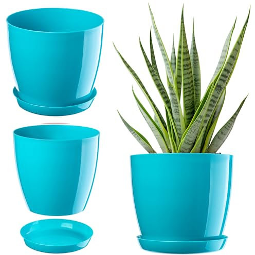KADAX Élégant Pot de Fleurs, Pot à Plantes avec Soucoupe, Pot de Fleurs Rond, Pot de Fleurs en Plastique, Cache-Pot pour Fleurs, Pot de Fleurs Interieur Ø 16 cm Turquoise