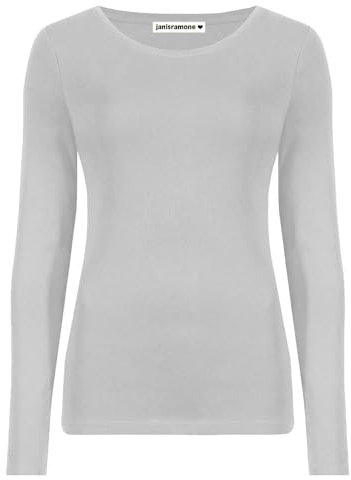janisramone Womens Ladies Round Neck Long Sleeve T-Shirt Stretchy Plain Fitted Basic Jersey Casual Tee Top Grey