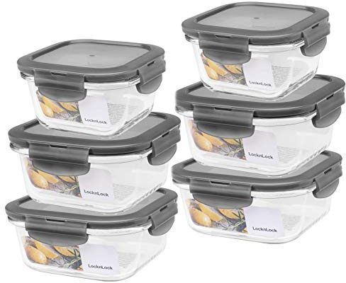 Lock & Lock Lebensmittelbehälter Boroseal Glasboxenset 6-TLG. (2X 750ml Box, 2X 500ml Box, 2X 300ml Box) Quadratisch Inklusive SeleXions Multifunktionsspachtel