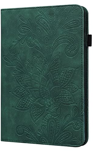 LMFULM® Case for Amazon Kindle Fire HD 8 2016/2017/ 2018 (8.0 Inch) PU Leather Case Protective Shell Smart Case with Sleep/Wake Stand Case Flip Cover Embossing Lotus Flower Green