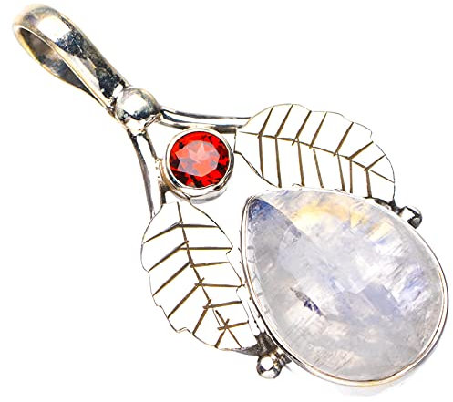 StarGems natürlich Regenbogen-Mondstein-Granat-Blatt Handgefertigter Anhänger aus 925er Sterlingsilber 3.81cm E3519-3