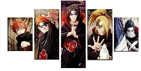Wondbeau Leinwanddrucke Modulare Wandkunst Wandaufkleber 5 Teiliges Wandbild Druck auf Leinwand Malerei Moderne Abstrakte Poster Mit Rahmen S/75cm×40cm Naruto Anime,Akatsuki Ninja Figur