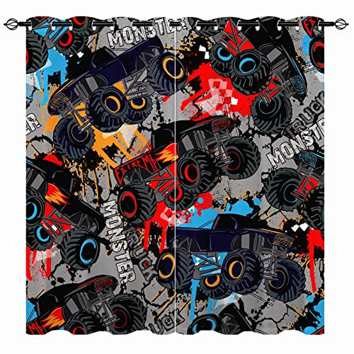 YUANZU Monster Truck Blackout Curtains - Kids Boys Car Shabby Dots and Spray Paint Texture Ink Print Pattern Grommet Room Darkening Window Drapes for Nursery Baby Bedroom Playroom 2 Panels W52 x L84