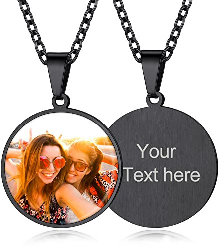 Custom4U Collana Personalizzata con 1/2 Foto Nome/Testo Incisione Laser Ciondolo Rotondo Colore Argento/Nero/Oro Regalo Commemorativo