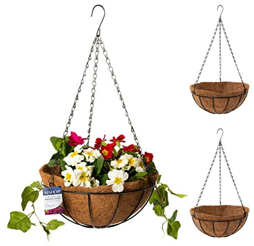 Bishop Hanging Basket With Liner — Includes Coco Liners for Hanging Baskets, 12 inch Black Wire Basket — Ideal Gardening Gifts For Mum — Great Garden Decoration Ideas and Outdoor Garden Planters
