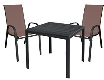 Mojawo Hochwertige Gartengarnitur 3-teilig Gartentisch 90x90cm Anthrazit WPC Grau + 2 Stapelstühle Textilen Anthrazit/Braun
