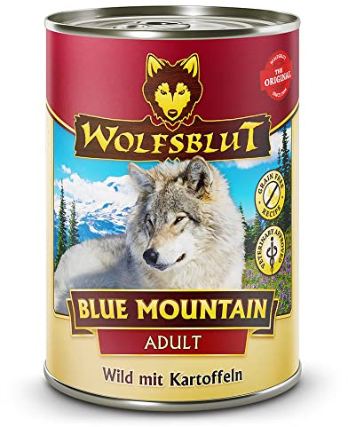 WOLFSBLUT – Blue Mountain Adult | Nassfutter mit natürlichen Zutaten und wertvollen Superfoods für ausgewachsene Hunde. Getreidefreies Alleinfutter ohne Zusatzstoffe in der Dose | 6x395g Wild