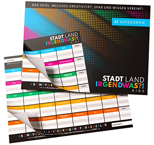 Stadt, Land, IRGENDWAS?! Kids - Stadt, Land, Fluss Partyspiel für Kinder und Jugendliche - Spieleblock im DIN A4 Format mit 27 Kategorien als Geburtstagsgeschenk, Kinderspiel oder Familienspiel