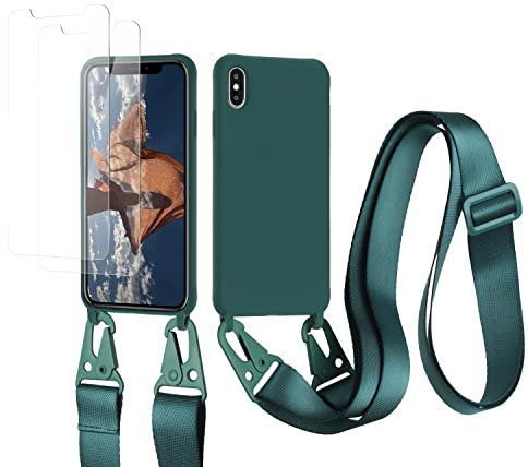 vrupin kompatibel mit iPhone X/XS Max Handykette Hülle,[2 Stück Schutzfolie 9H Härte Gehärtete Folie].Necklace Hülle Nylon Schultergurt Weich Flüssiges Silikon-Dunkelgrün