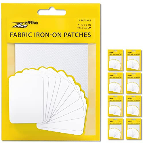 ZEFFFKA 9 Packages Premium Quality Fabric Iron-on Patches Inside & Outside Strongest Glue 100% Cotton White Repair Decorating Kit 12 Pieces Size 3 by 4-1/4 (7.5 cm x 10.5 cm)