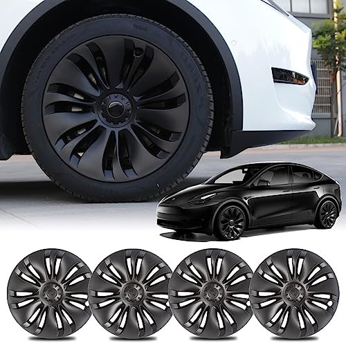 BONRYAN Tesla Model Y Zubehör Radabdeckung 19 Zoll Nabenkappe Radnabenabdeckungen Matt Schwarz 4er Set für 2021 2022 2023 Tesla Model Y Turbo Style