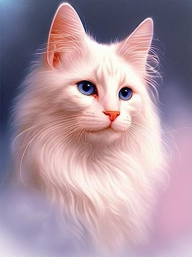 Ginfonr 5D Diamond Painting Complet Chat Blanc., Broderie Peinture Diamant Painting Animaux Kit Round Full Drill Complet Décoration De Pour La Décoration Murale De La Maison 30x40 cm
