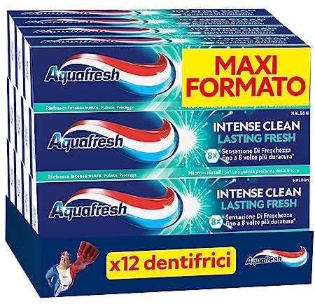 Aquafresh Intense Clean Lasting Fresh, 8-mal länger anhaltendes Frischegefühl, Tiefenreinigung, Packung mit 12 Zahnpasten x 75 ml